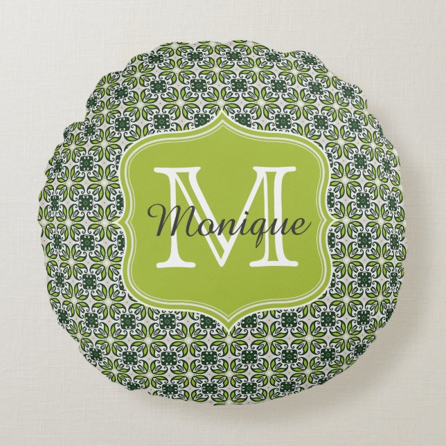 Monogram Green Flowers Patroon Rond Kussen (Voorkant)