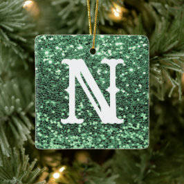 Monogram Green Glitter Metallic Kerstfeestdag Keramisch Ornament
