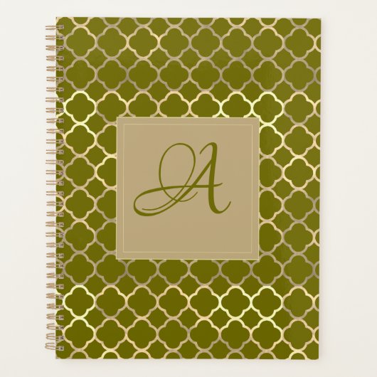 Monogram Green Gold Quatrefoil Passen getrouwd Wed Planner (Voorkant)