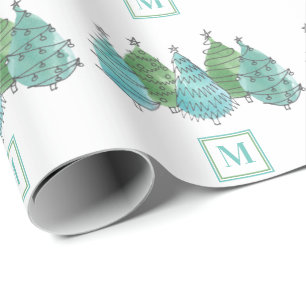 Monogram Green Kerstbomen Cadeaupapier