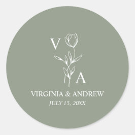 Monogram Green Minimalist Boho Wedding Classic Ronde Sticker