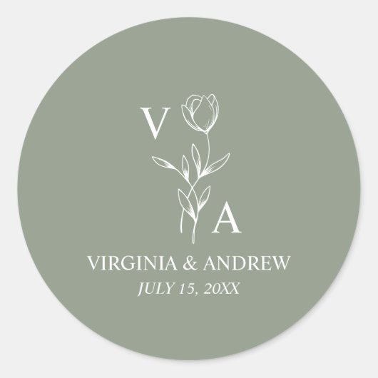 Monogram Green Minimalist Boho Wedding Classic Ronde Sticker (Voorkant)