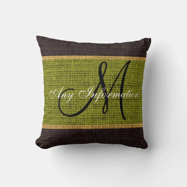 Monogram Green Rustic Burlap Jute Kussen (Voorkant)