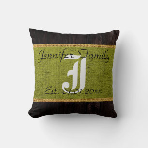 Monogram Green Rustic Burlap Linen Wood Kijk uit Kussen