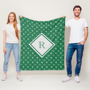 Monogram Green White Snowflakes Winter Kerstmis Fleece Deken