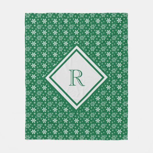 Monogram Green White Snowflakes Winter Kerstmis Fleece Deken (Voorkant)