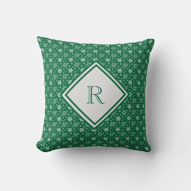 Monogram Green White Snowflakes Winter Kerstmis Kussen (Voorkant)