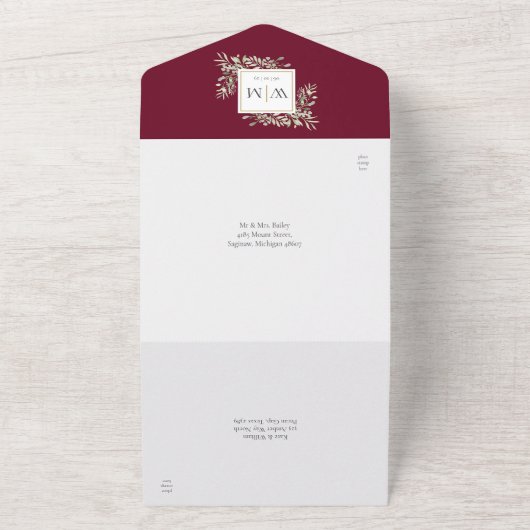 Monogram Greenery Botanical Burgundy Wedding All In One Uitnodiging (Buitenkant)