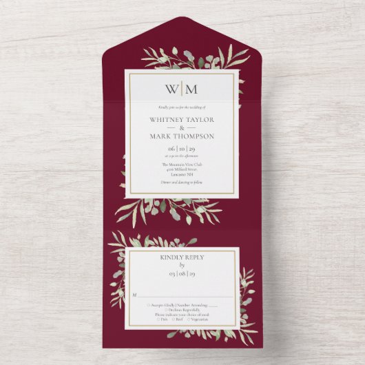 Monogram Greenery Botanical Burgundy Wedding All In One Uitnodiging (Binnen)