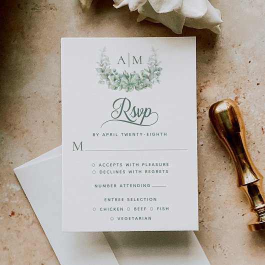 Monogram Greenery Elegant Wedding RSVP Kaartje