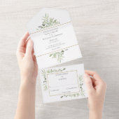 Monogram Greenery Gold Geometric Wedding All In One Uitnodiging (Afscheurbaar)
