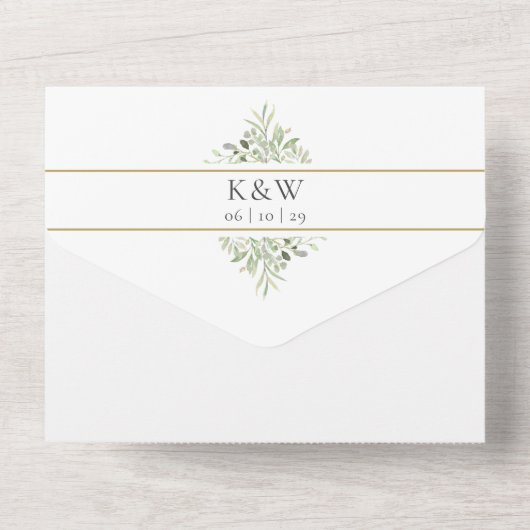 Monogram Greenery Gold Geometric Wedding All In One Uitnodiging (Achterkant)