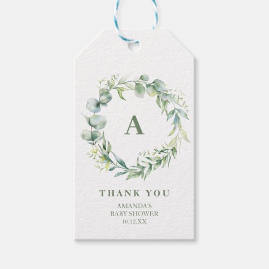 Monogram Greenery Wreath Baby shower Dank u Cadeaulabel (Voorkant)