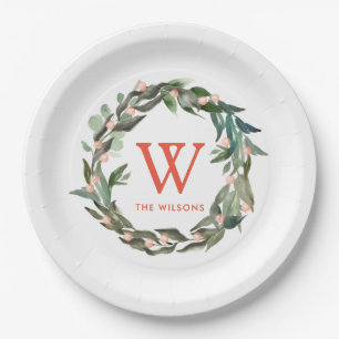 Monogram Greenery Wreath Holiday White Papieren Bordje