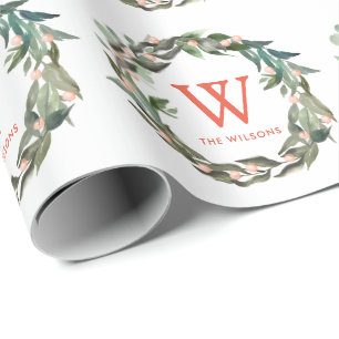 Monogram Greenery Wreath Kerstfeestdag Cadeaupapier