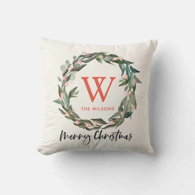 Monogram Greenery Wreath Kerstfeestdag Kussen (Voorkant)
