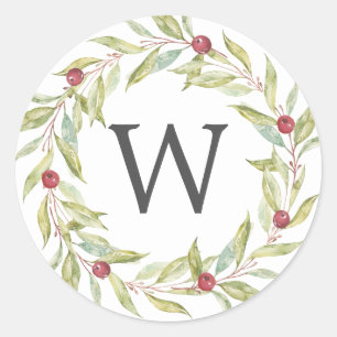 Monogram Greenery Wreath Red Berries Kerstmis Ronde Sticker