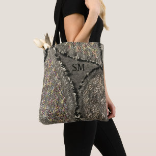 Monogram grijs bloemenbedrukt linnen toile look draagtas