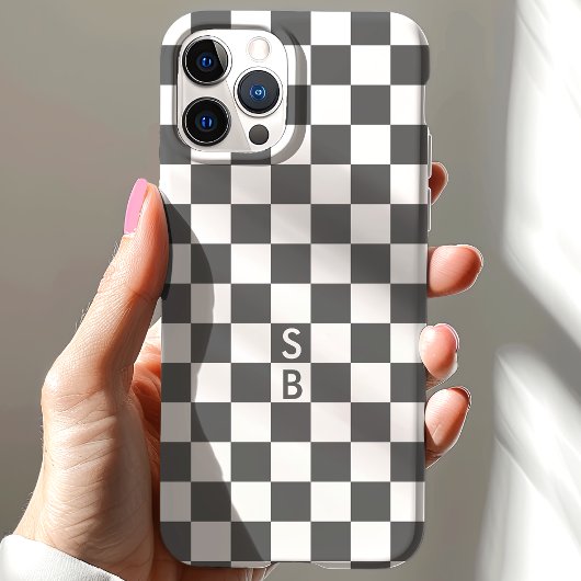Monogram grijs en wit schaakbordpatroon Case-Mate iPhone case