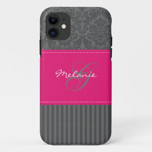 Monogram grijs Roze Damask Stripe iPhone 5 Hoesje