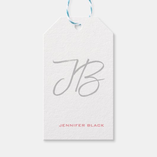 Monogram Grijs Wit Gewoon Kalligrafie Script Cadeaulabel (Voorkant)