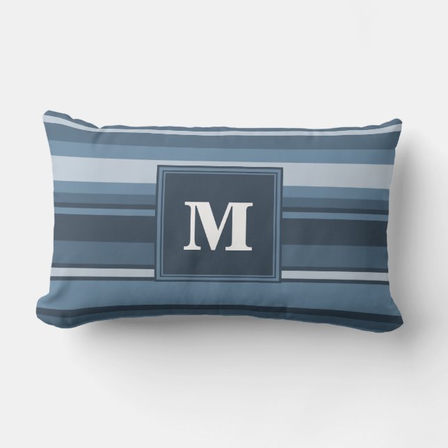 Monogram grijsblauwe strepen kussen (Voorkant)