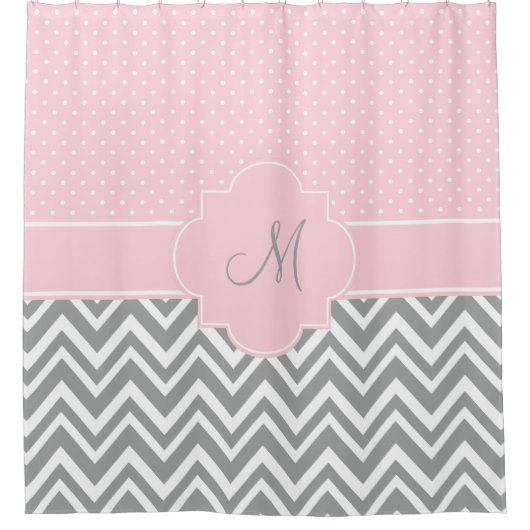 Monogram grijze Chevron met pastroze polaire dot Douchegordijn (Voorkant)