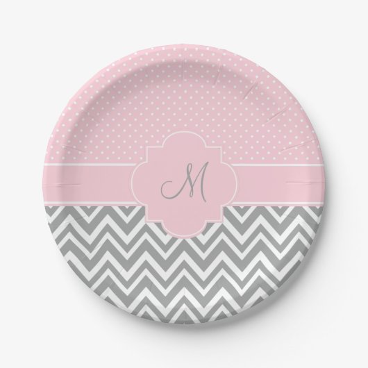Monogram grijze Chevron met pastroze polaire dot Papieren Bordje (Voorkant)