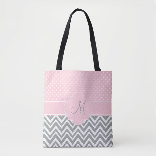 Monogram grijze Chevron met pastroze polaire dot Tote Bag (Voorkant)