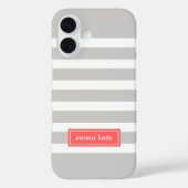 Monogram grijze en koraalpreppy stripes Case-Mate iPhone case (Achterkant)