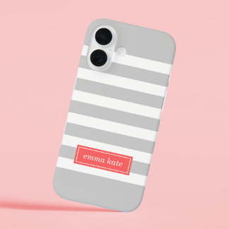Monogram grijze en koraalpreppy stripes iPhone 16 hoesje