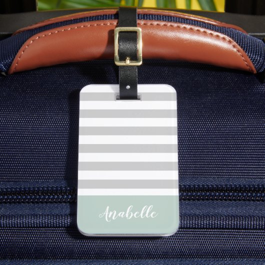 Monogram grijze en mint Stripes | bewerkbare kleur Bagagelabel (Voorkant Insitu 2)