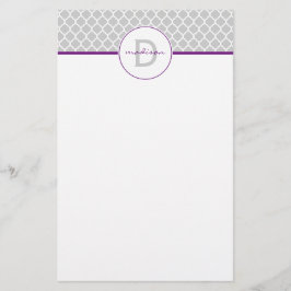 Monogram grijze en Paarse Quatrefoil Briefpapier