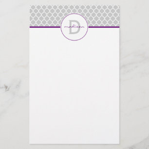 Monogram grijze en Paarse Quatrefoil Briefpapier