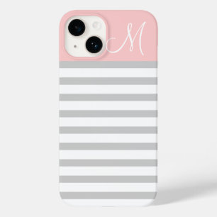Monogram grijze en roze preppy stripes Case-Mate iPhone 14 hoesje