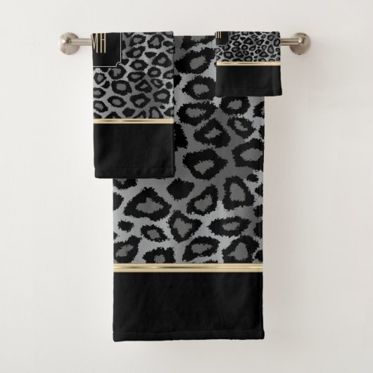 Monogram grijze en zwarte luipaard met gouden band bad handdoek (Insitu)