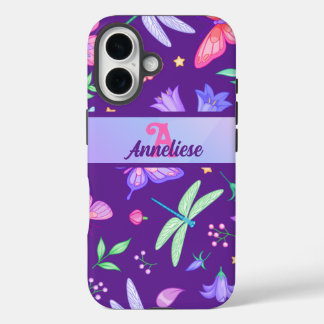 Monogram grillige Paarse libel vlinder iPhone 16 Hoesje