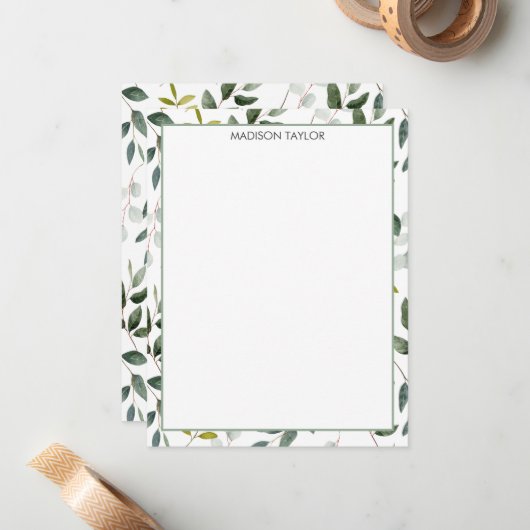 Monogram groen blad Waterverf Notitiekaartje (Voorkant / Achterkant in situ)