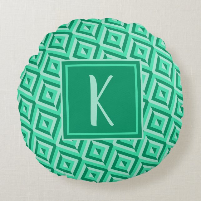 Monogram Groen Drietonig Diamantpatroon Rond Kussen (Voorkant)