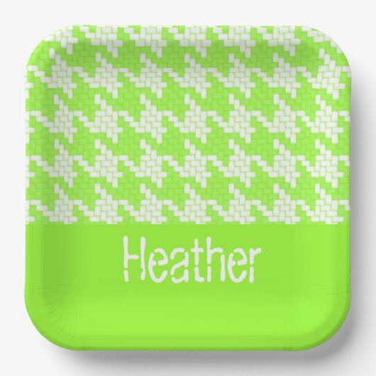 Monogram groen en wit houndstooth patroon papieren bordje (Voorkant)