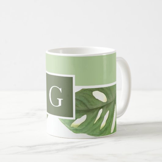 Monogram groen Monstera blad Koffiemok (Voorkant rechts)