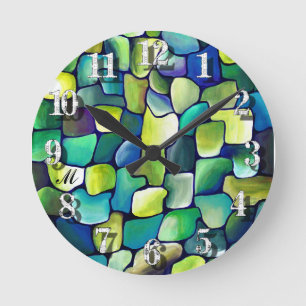 Monogram Groene Abstracte Tegels Groene Waterverf Ronde Klok