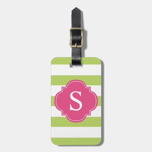 Monogram groene en roze strepen bagagelabel (Voorkant verticaal)
