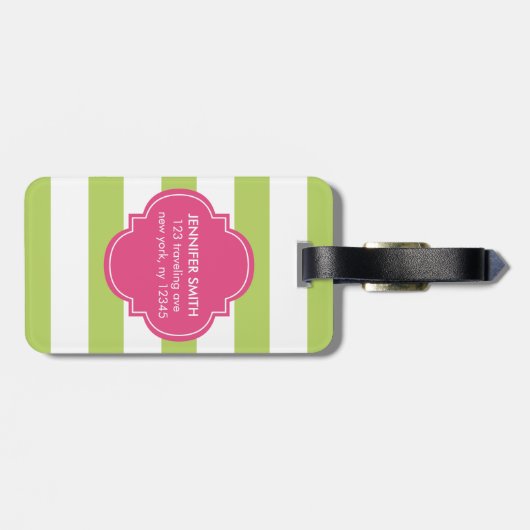 Monogram groene en roze strepen bagagelabel (Achterkant horizontaal)