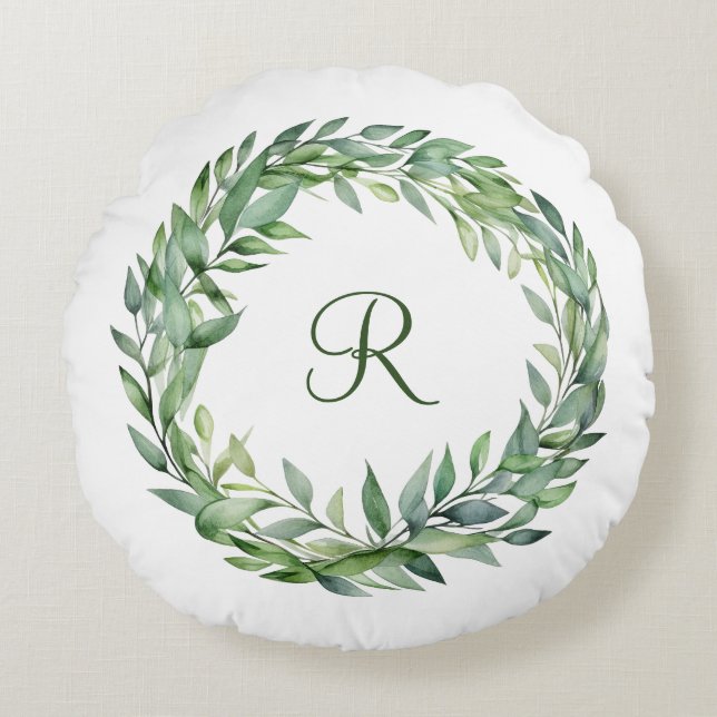 Monogram Groene Eucalyptus Krans Groen Blad Rond Kussen (Voorkant)