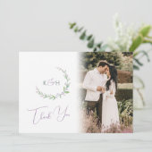 Monogram groene paarse bes trouwfoto QR Code Bedankkaart (Staand voorkant)