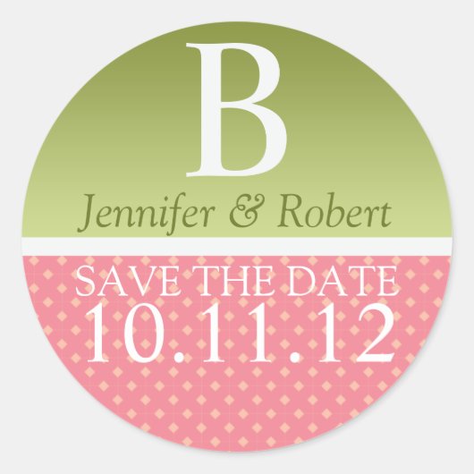 Monogram groene roze bruiloft bespaart de datum ronde sticker (Voorkant)