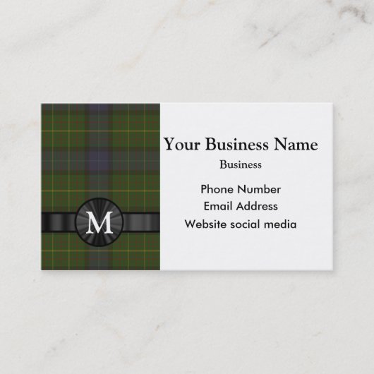 Monogram groene tartan plaid visitekaartje (Voorkant)