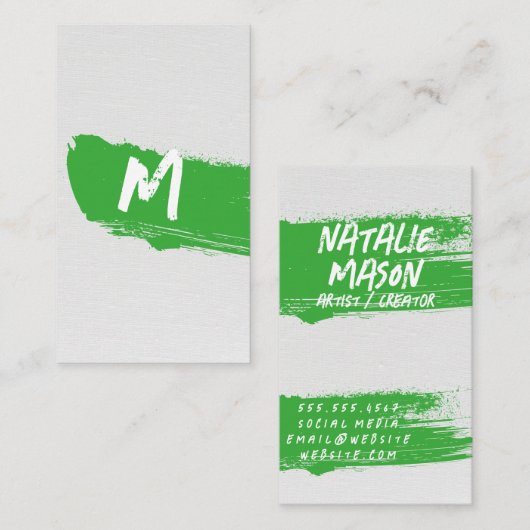 Monogram groene verf geborsteld op canvas visitekaartje (Voorkant / Achterkant)
