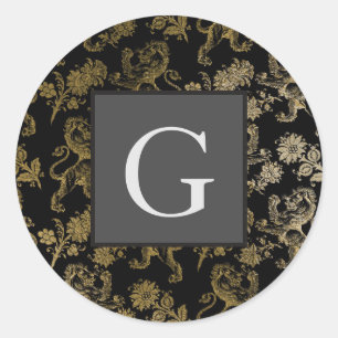 Monogram Groomsmen Best Man Black Gold Lion Damask Ronde Sticker